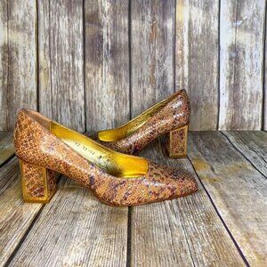 Vintage Timothy Hitsman Leather Snakeskin Square Toe Gold Block Heel size 8
